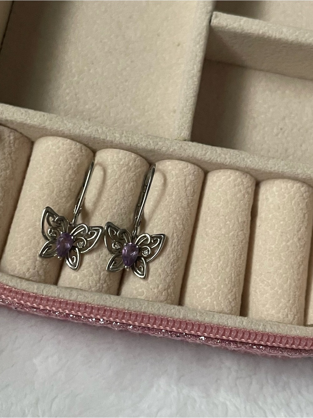 sterling silver amethyst and diamond butterfly dangle earrings🦋